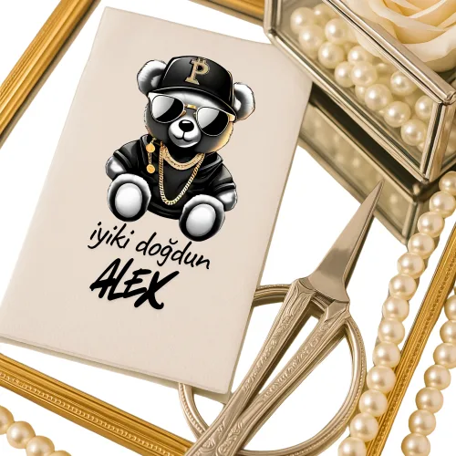 Kişiye Özel Siyah Altın Hip-Hop Ayı Doğum Günü Peçetesi – İsim Yazılı Premium Tasarım