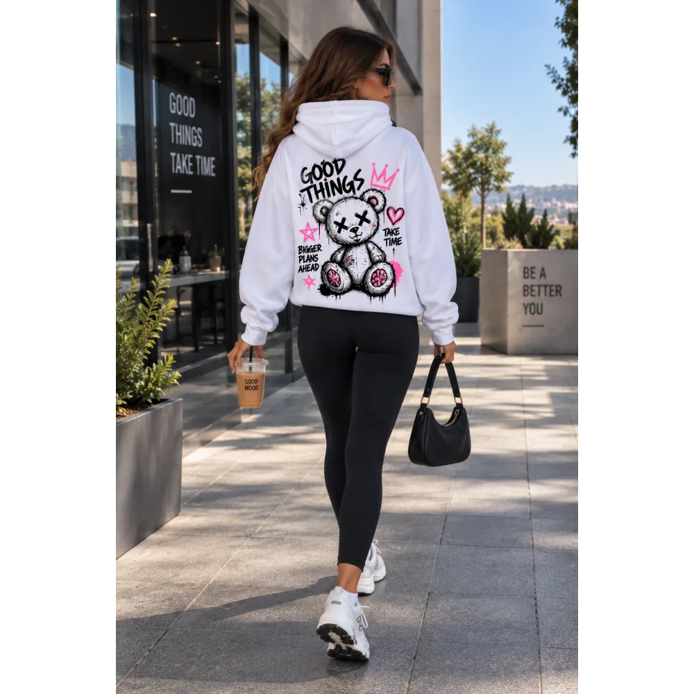 Kadın Beyaz Ayıcık Baskılı Sweatshirt – Good Things Take Time Kapüşonlu Hoodie Kadın Beyaz Ayıcık Baskılı Sweatshirt – Good Things Take Time Kapüşonlu Hoodie