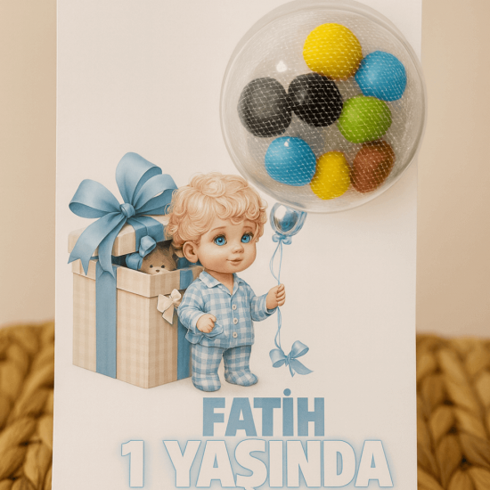 1 Yaş Erkek Bebek Doğum Günü Şekerli Kart Hediyeliği – Mavi Temalı Kişiye Özel Parti Hatırası