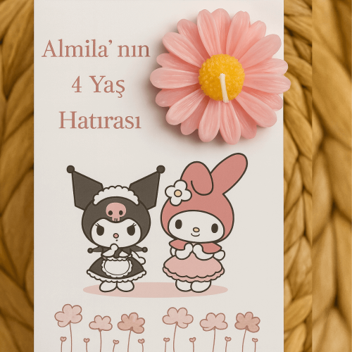 4 Yaş Doğum Günü Çiçek Mumlu Hediyelik Kart – Pembe Temalı Kişiye Özel Parti Hatırası
