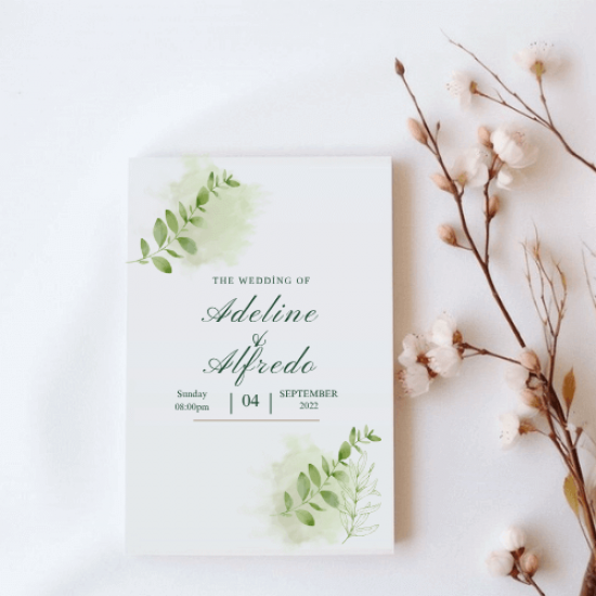 Akvarel Yeşil Yapraklı Düğün Davetiyesi – Botanik Minimal Zarif Tasarım