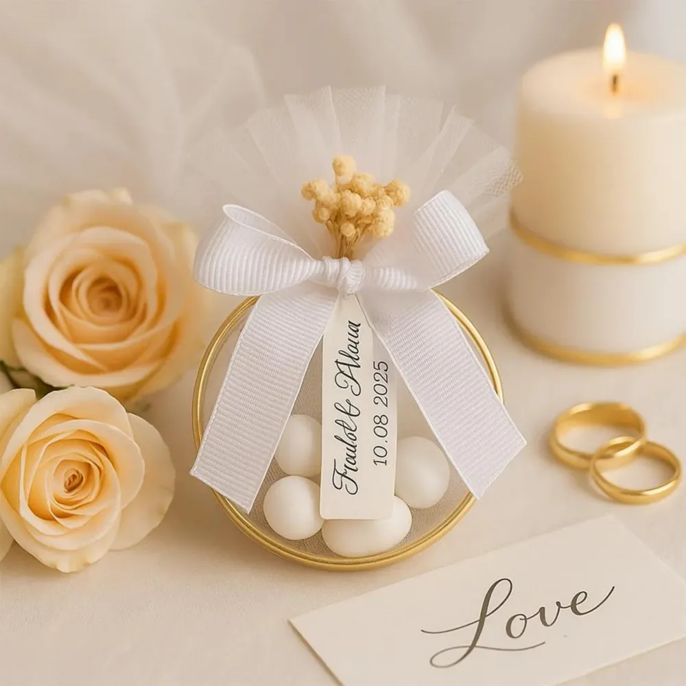 Altın Halkalı Tül ve Kurdele Detaylı Nikah Şekeri Altın Halkalı Tül ve Kurdele Detaylı Nikah Şekeri