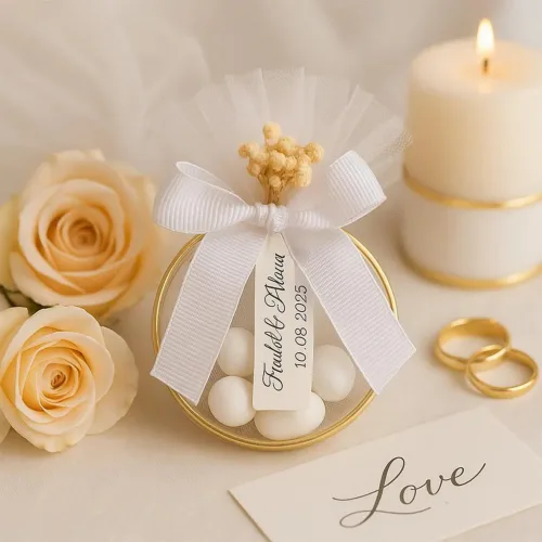 Altın Halkalı Tül ve Kurdele Detaylı Nikah Şekeri Altın Halkalı Tül ve Kurdele Detaylı Nikah Şekeri