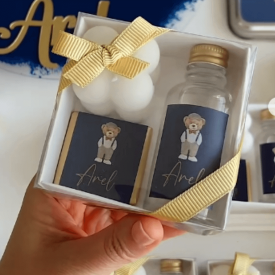 Ayıcık Temalı Bebek Hediyelik Seti – Kokulu Şişe - Mini Madlen Bubble Mum