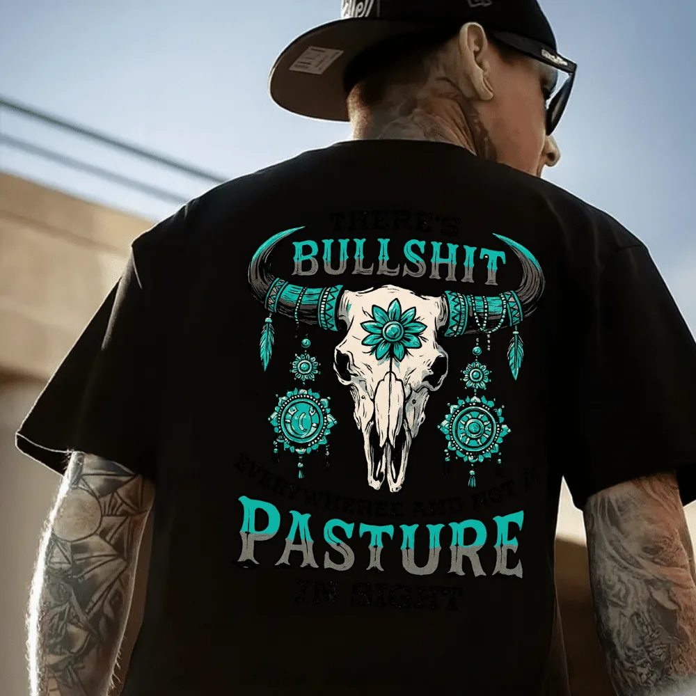 Boho Western Boğa Kafatası Baskılı Oversize Tişört – Pasture Quote Edition Boho Western Boğa Kafatası Baskılı Oversize Tişört – Pasture Quote Edition