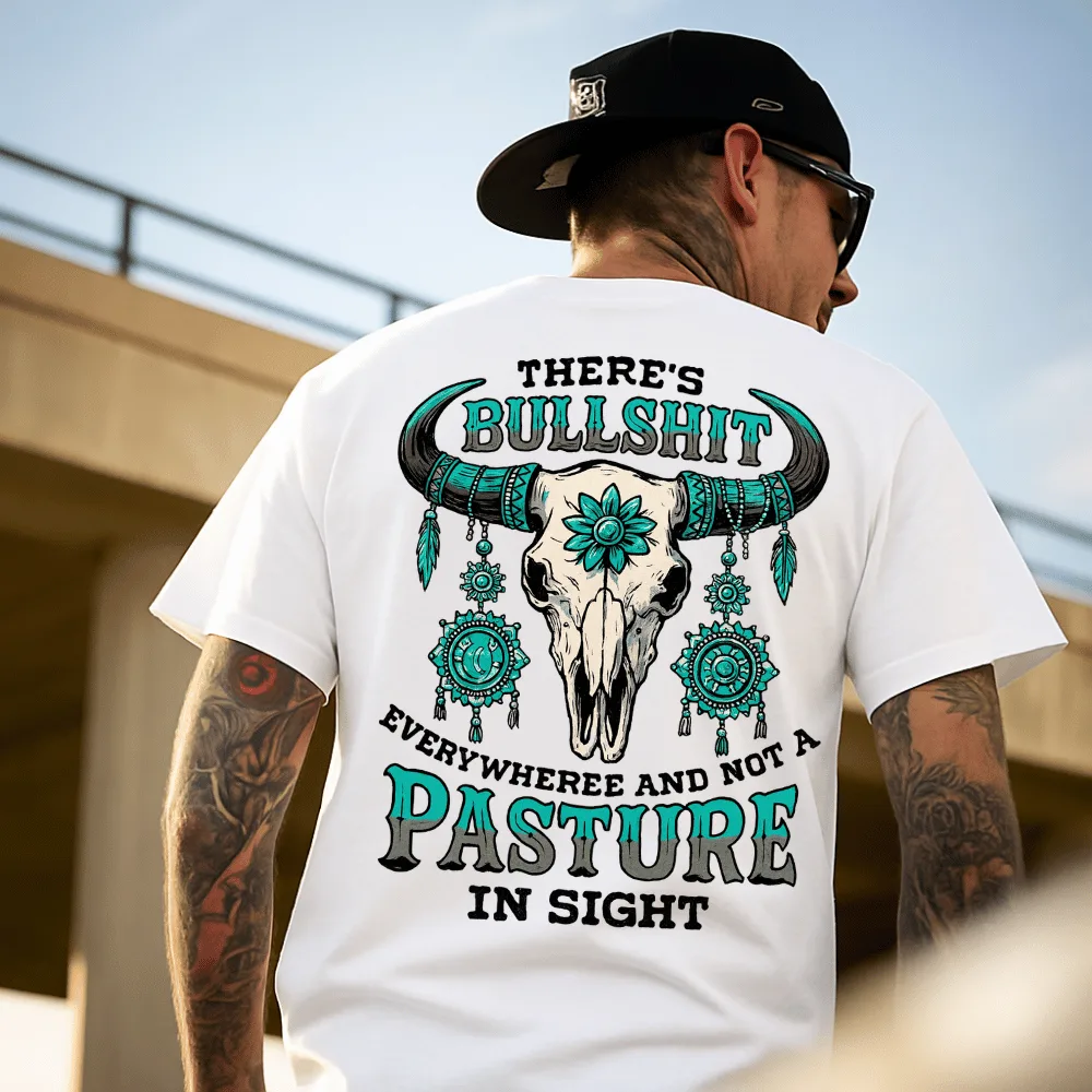 Boho Western Boğa Kafatası Baskılı Oversize Tişört – Pasture Quote White Edition