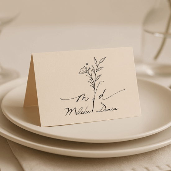 Çizgisel Çiçek ve Baş Harf Tasarımlı Kişiye Özel Düğün Masa İsim Kartı – Melike & Deniz Modeli