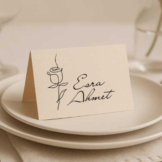 Çizgisel Gül Motifli Kişiye Özel Düğün Masa İsim Kartı – Esra & Ahmet Modeli