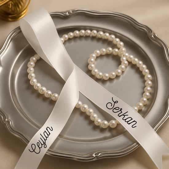 Dökülen İnci Kişiye Özel Saten Söz & Nişan Tepsi Kurdelesi – Çift İsim Baskılı