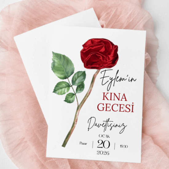 Eylem’in Kına Gecesi Davetiye Kartı | Kırmızı Gül Tasarımlı Kişiye Özel Kına Davetiyesi