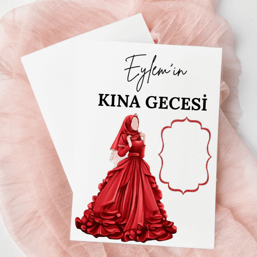 Eylem’in Kına Gecesi Hediyelik Kına Kartı | Kırmızı Bindallı Gelin Tasarımlı Kişiye Özel Hatıra Kartı