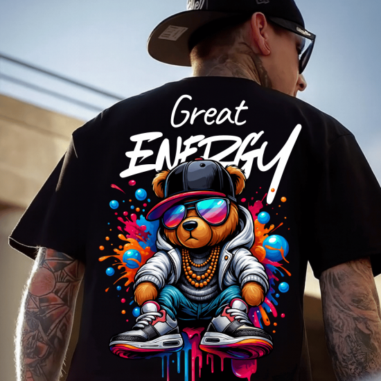 Great Energy Yazılı Hip-Hop Ayı Baskılı Oversize Tişört – Street Vibes Edition