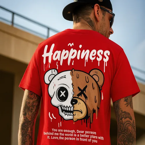 Happiness Drip Bear Baskılı Kırmızı Oversize Tişört – Split Skull Edition Happiness Drip Bear Baskılı Kırmızı Oversize Tişört – Split Skull Edition