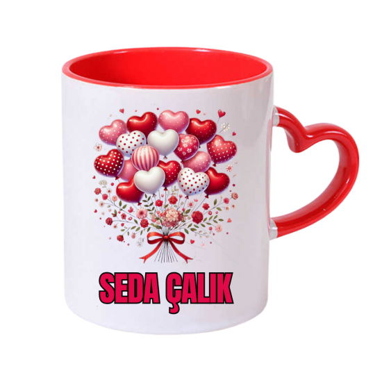 Kalp Balon Buketi Tasarımlı İsimli Kalp Kulplu Kupa Bardak