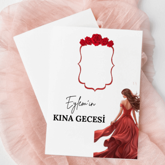 Kına Gecesi Hediyelik Kına Kartı | Kırmızı Gül ve Gelin Tasarımlı Kişiye Özel Kart