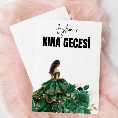 Kına Gecesi Hediyelik Kına Kartı | Yeşil Bindallı Gelin Tasarımlı Kişiye Özel Hatıra Kartı