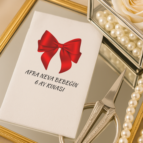 Kişiye Özel 6 Ay Kınası Peçete – Kırmızı Kurdele Temalı
