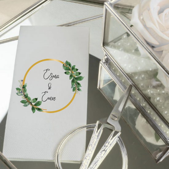 Kişiye Özel Altın Yaprak Halkalı Garson Katlama Düğün Peçetesi