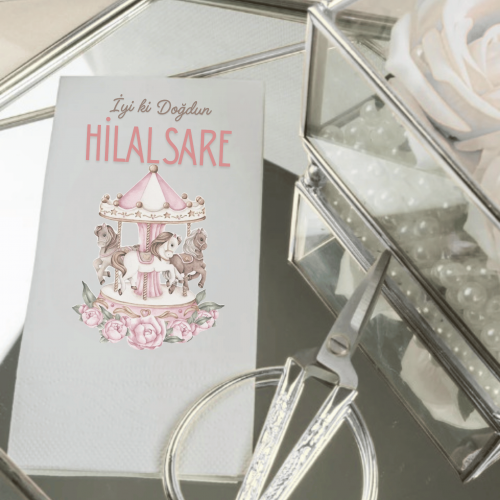 Kişiye Özel Atlı Karınca Temalı Doğum Günü Peçetesi | Pembe Karusel Kız Bebek Parti Peçete