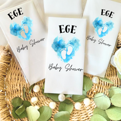 Kişiye Özel Baby Shower Peçete Tasarımı – Ege Temalı Mavi Bebek Ayak İzi Desenli