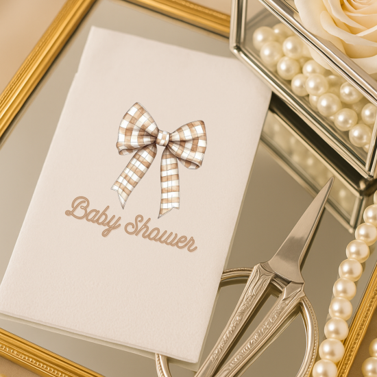 Kişiye Özel Baby Shower Peçetesi – Bej Kareli Kurdele Temalı