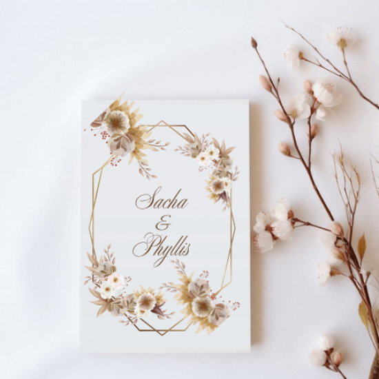 Kişiye Özel Bohem Çiçekli Altın Çerçeveli Düğün Davetiyesi