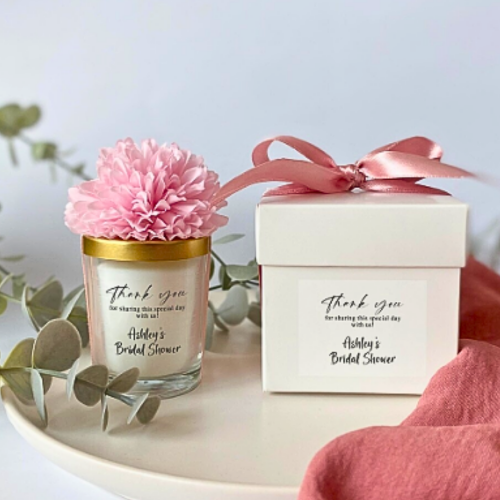 Kişiye Özel Çiçek Kapaklı Cam Mum Hediyelik – Kutulu Bridal Shower & Düğün Hatırası