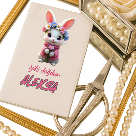 Kişiye Özel Çiçek Tacı Takmış Tavşan Temalı İyi Ki Doğdun Alexa Peçetesi