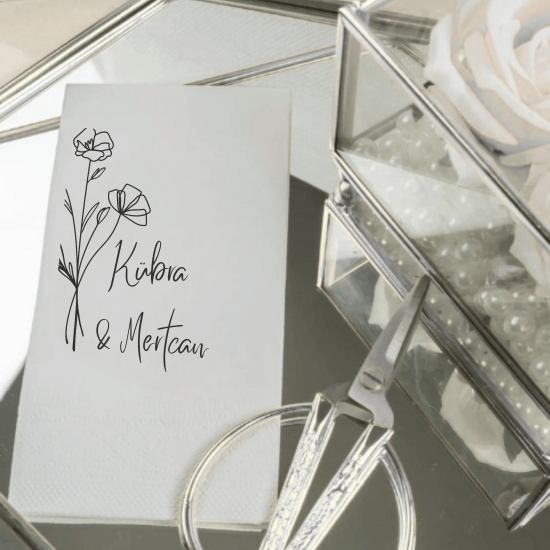 Kişiye Özel Çizim Çiçek Temalı Söz & Nişan Peçetesi – İsim Baskılı Minimal Masa Peçetesi