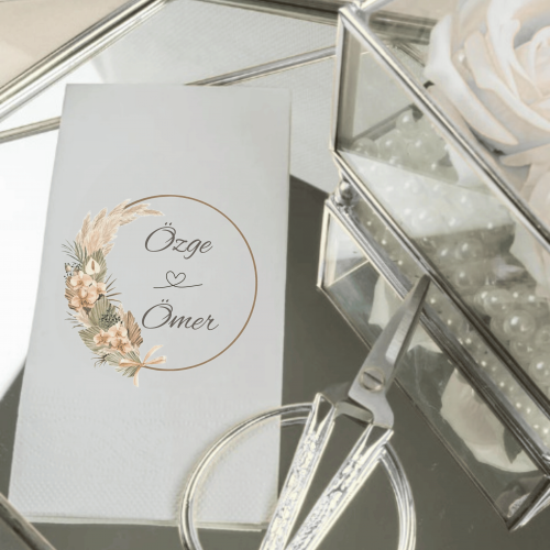 Kişiye Özel Düğün & Nişan Garson Katlama Peçete – Pampas & Çiçek Halkalı Tasarım