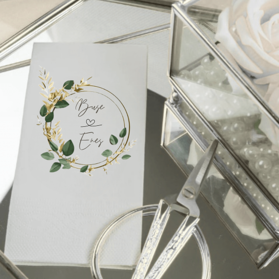 Kişiye Özel Düğün & Nişan Peçetesi | İsme Özel Gold ve Yeşil Çelenk Tasarım