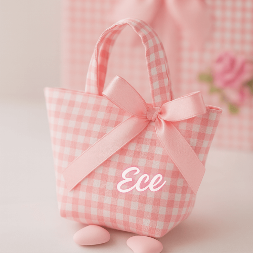 Kişiye Özel Ekose Kurdeleli Mini Çanta Şekerlik – İsim Baskılı Hediyelik (Mavi/Pembe/Sarı/Yeşil)