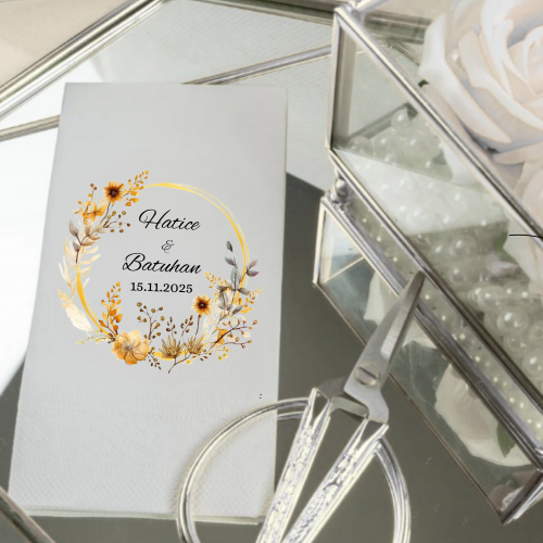 Kişiye Özel Floral Altın Halkalı Garson Katlama Düğün Peçetesi