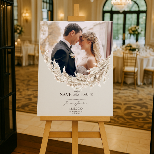 Kişiye Özel Fotoğraflı Save The Date Karşılama Panosu – Düğün & Nişan Giriş Panosu (Şövale Hariç)