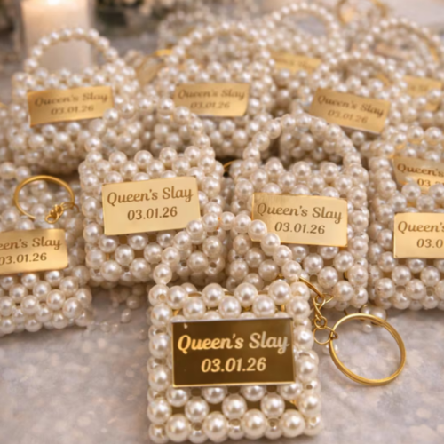 Kişiye Özel İnci Çanta Anahtarlık Hediyelik – Gold İsim Yazılı Mini Çanta