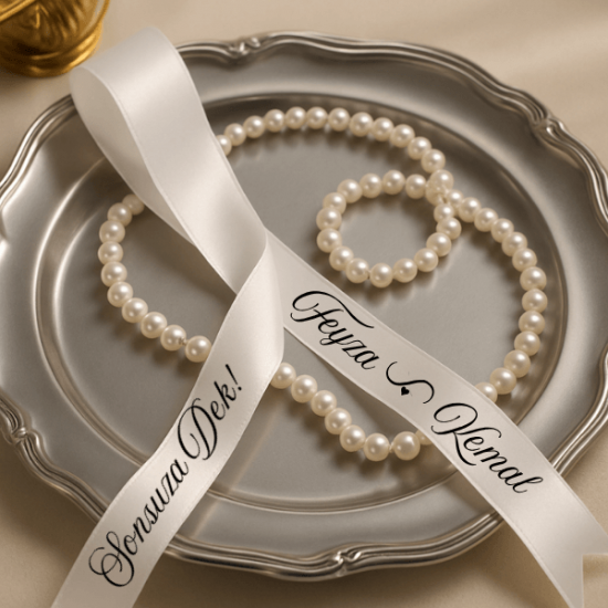 Kişiye Özel İsim Baskılı Dökülen İncili Saten Kurdele