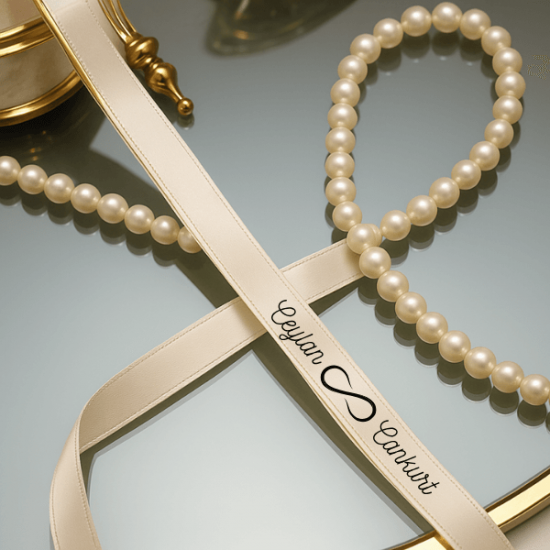 Kişiye Özel İsim Baskılı Düğün Kurdelesi – Sonsuzluk Sembollü Saten Kurdele