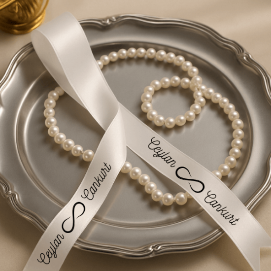 Kişiye Özel İsim Baskılı Düğün Kurdelesi – Sonsuzluk Sembollü Saten Kurdele