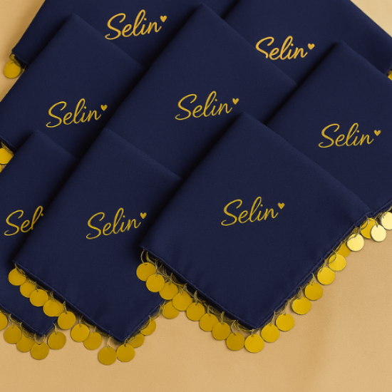 Kişiye Özel İsim Baskılı Pul Saçaklı Kına Mendili (Beyaz, Lacivert, Yeşil, Bordo)