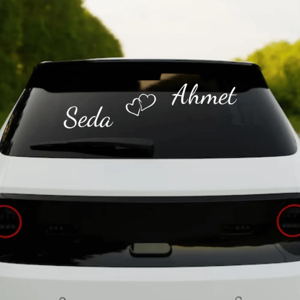Kişiye Özel İsimli Beyaz Folyo Araba Cam Sticker – Çift Kalp Kişiye Özel İsimli Beyaz Folyo Araba Cam Sticker – Çift Kalp