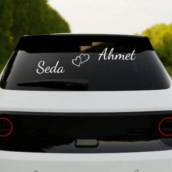 Kişiye Özel İsimli Beyaz Folyo Araba Cam Sticker – Çift Kalp