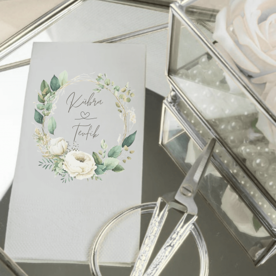 Kişiye Özel İsimli Düğün & Nişan Peçetesi | Çiçekli Elegant Yuvarlak Çerçeve Tasarım