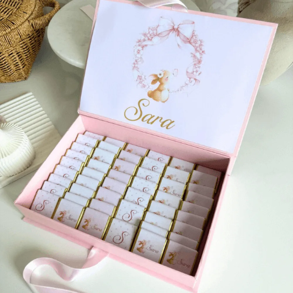 Kişiye Özel İsimli Pembe Premium Kutuda Çikolata – Tavşan Temalı Bebek Hediyelik