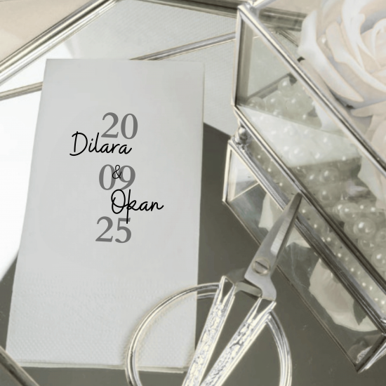 Kişiye Özel İsimli ve Tarihli Düğün Peçetesi – Şık Nikah & Söz Masası Aksesuarı