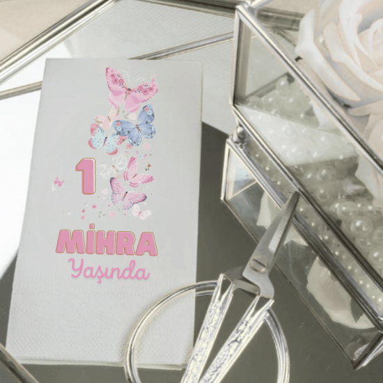 Kişiye Özel Kelebek Temalı Doğum Günü Peçetesi – 1 Yaş İsim Baskılı Parti Peçetesi
