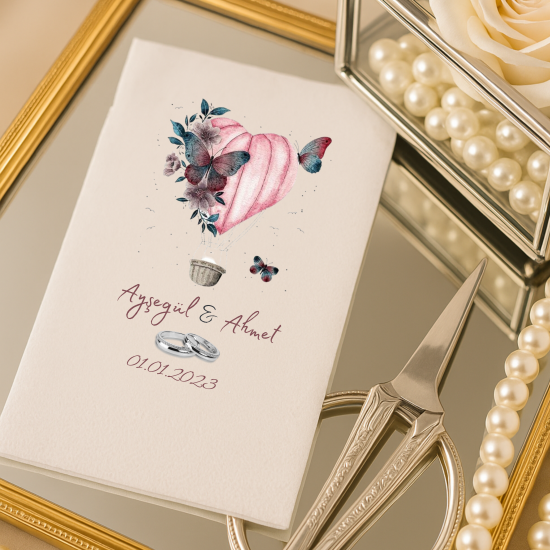 Kişiye Özel Kelebek ve Kalp Desenli Peçete – Ayşegül & Ahmet Tasarım Düğün Peçetesi