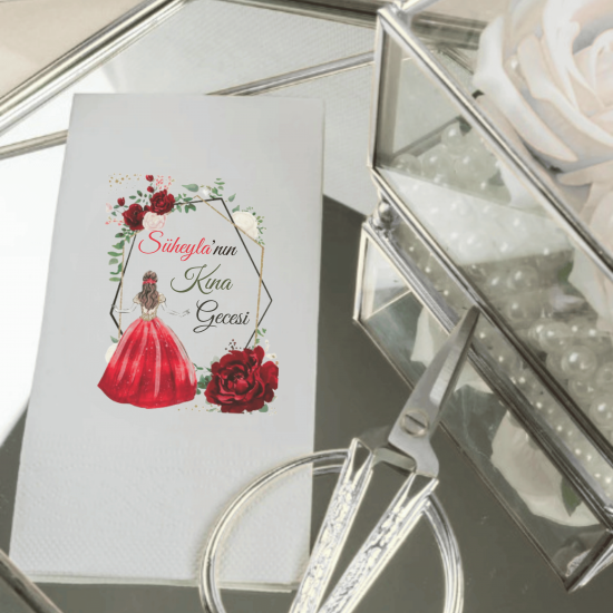 Kişiye Özel Kına Gecesi Garson Katlama Peçete – Gelin ve Kırmızı Gül Konseptli