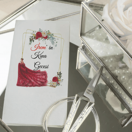 Kişiye Özel Kına Gecesi Peçetesi – Gelin Silüeti ve Çiçek Çerçeveli İsim Baskılı Kına Masası Peçetesi