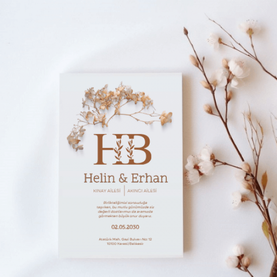 Kişiye Özel Kurutulmuş Çiçek Detaylı Modern Düğün Davetiyesi – Helin ve Erhan