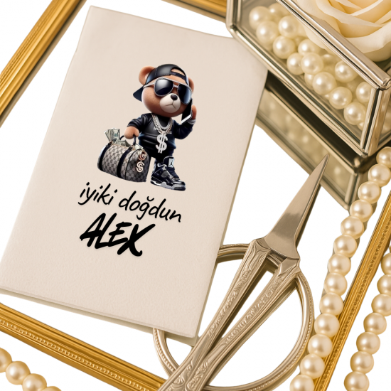 Kişiye Özel Lüks Hip-Hop Ayı Doğum Günü Peçetesi – İsim Yazılı Siyah Streetwear Tasarım